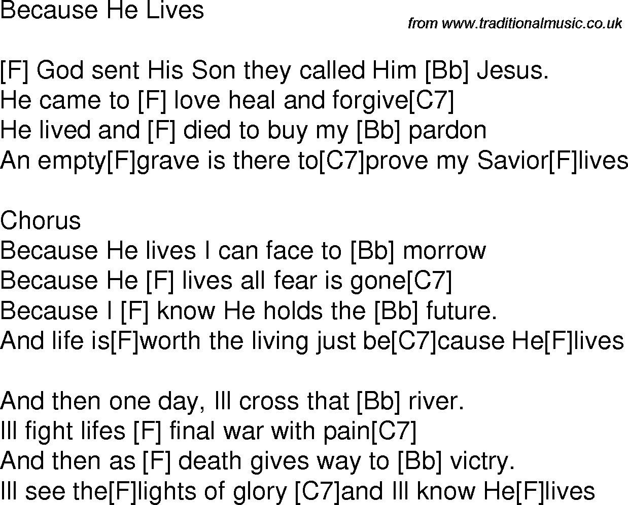 Old time song lyrics with chords for Because He Lives F