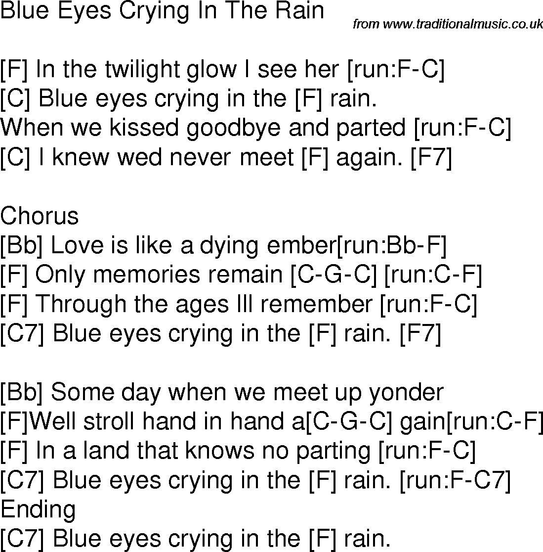 Old time song lyrics with chords for Blue Eyes Crying In The Rain F
