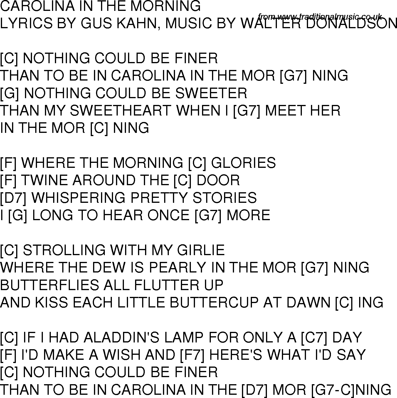 Old time song lyrics with guitar chords for Carolina In The Morning C