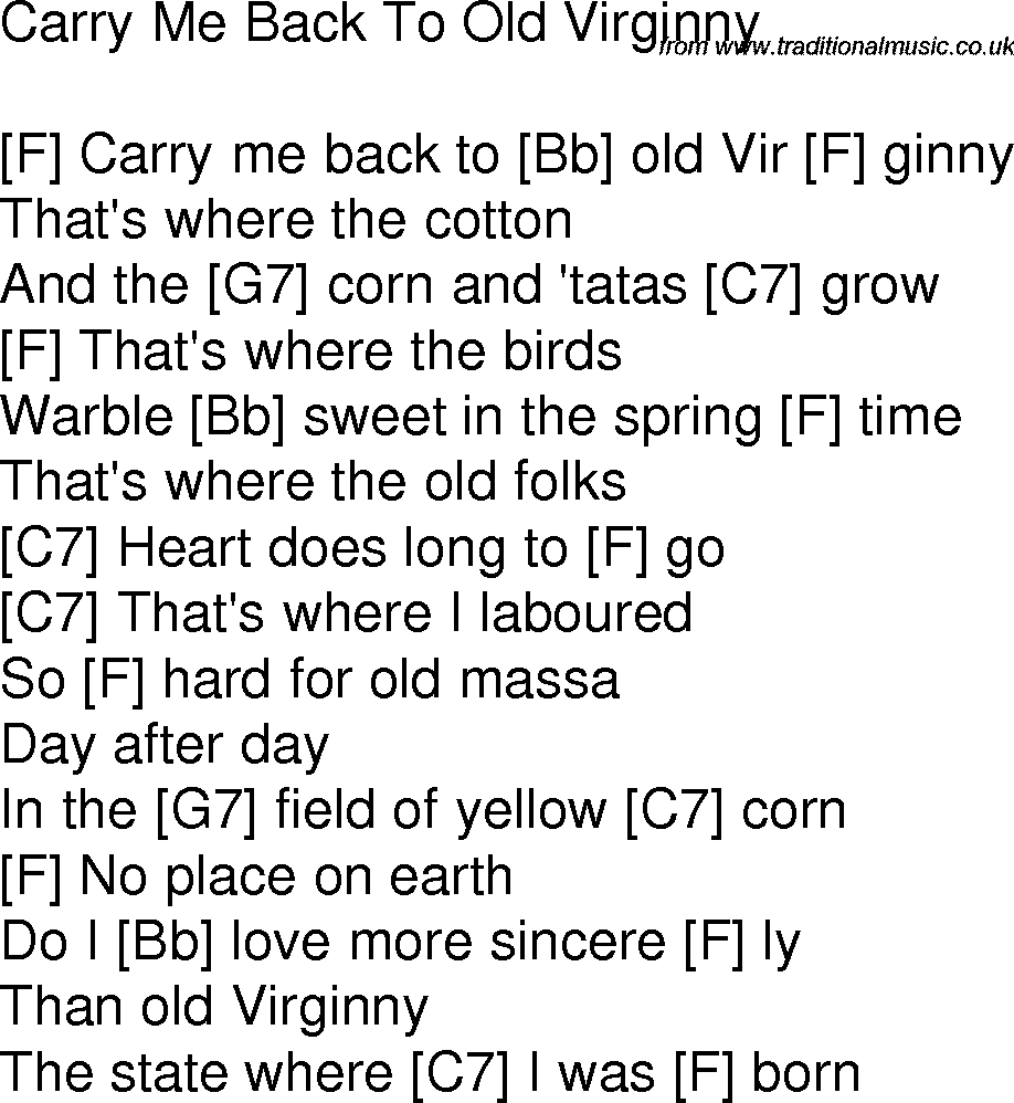 Old time song lyrics with chords for Carry Me Back To Old Virginny F