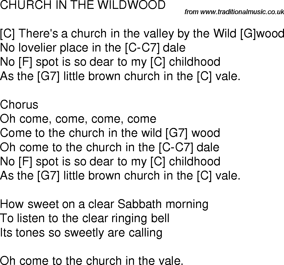 Old time song lyrics with chords for Church In The Wildwood C