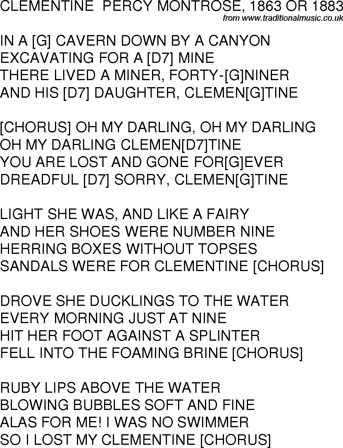 Old time song lyrics with chords for Clementine G