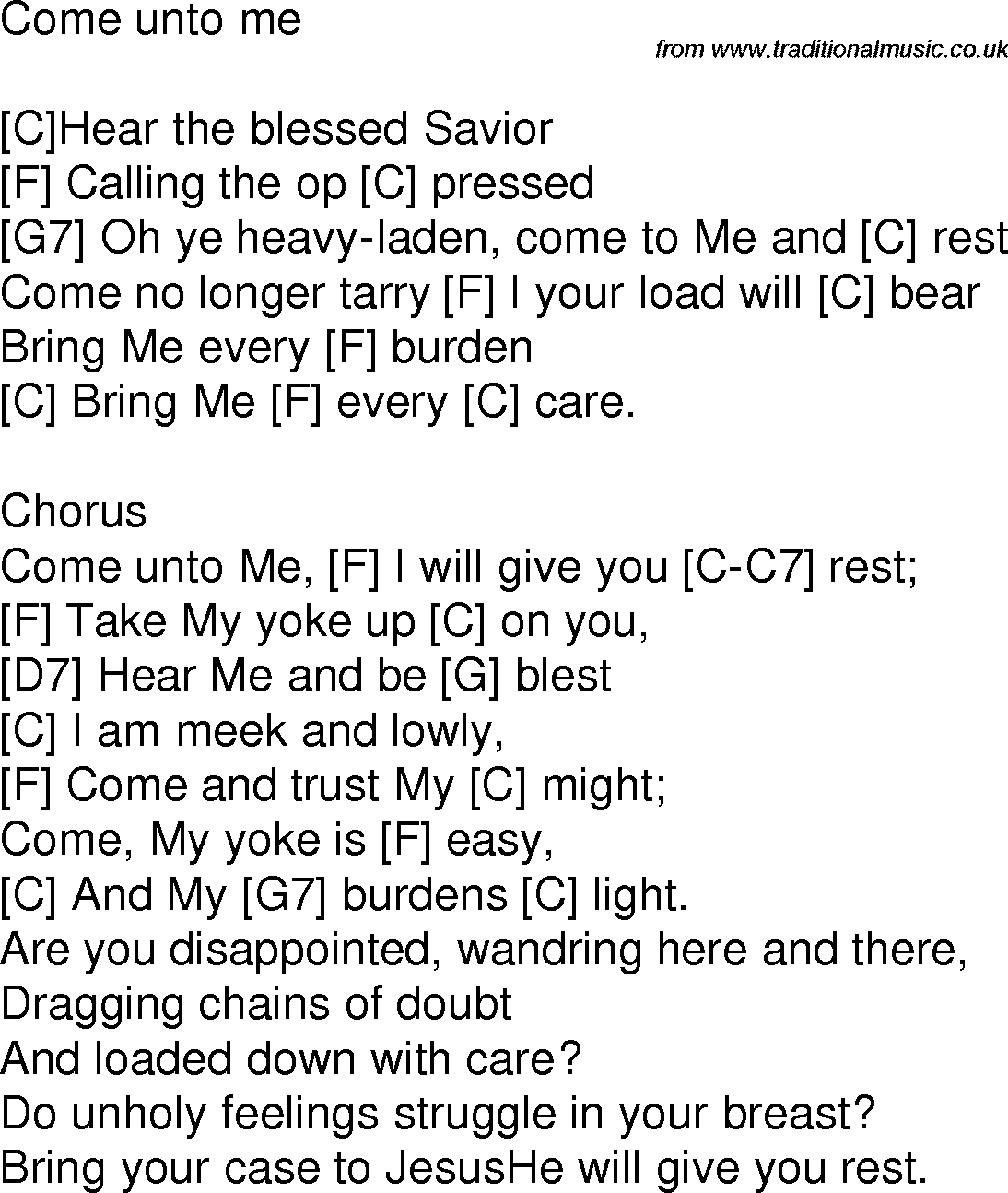 Old time song lyrics with chords for Come Unto Me C