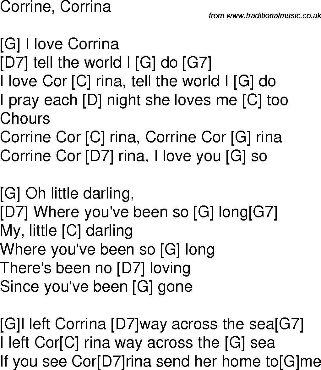 Old time song lyrics with chords for Corrine Corrina G