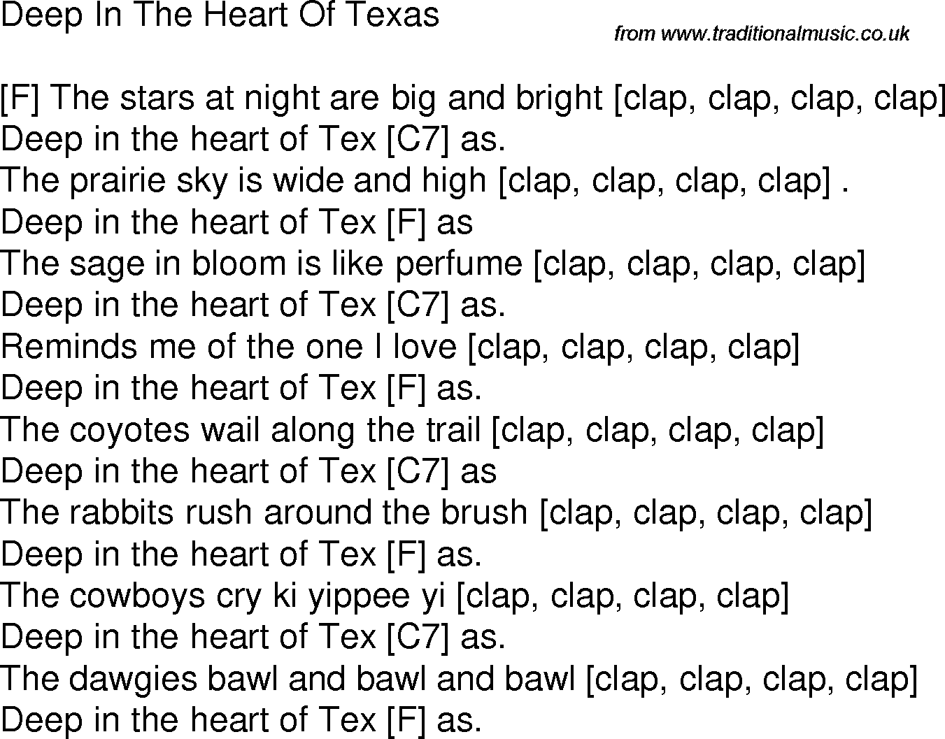 Old time song lyrics with chords for Deep In The Heart Of Texas F