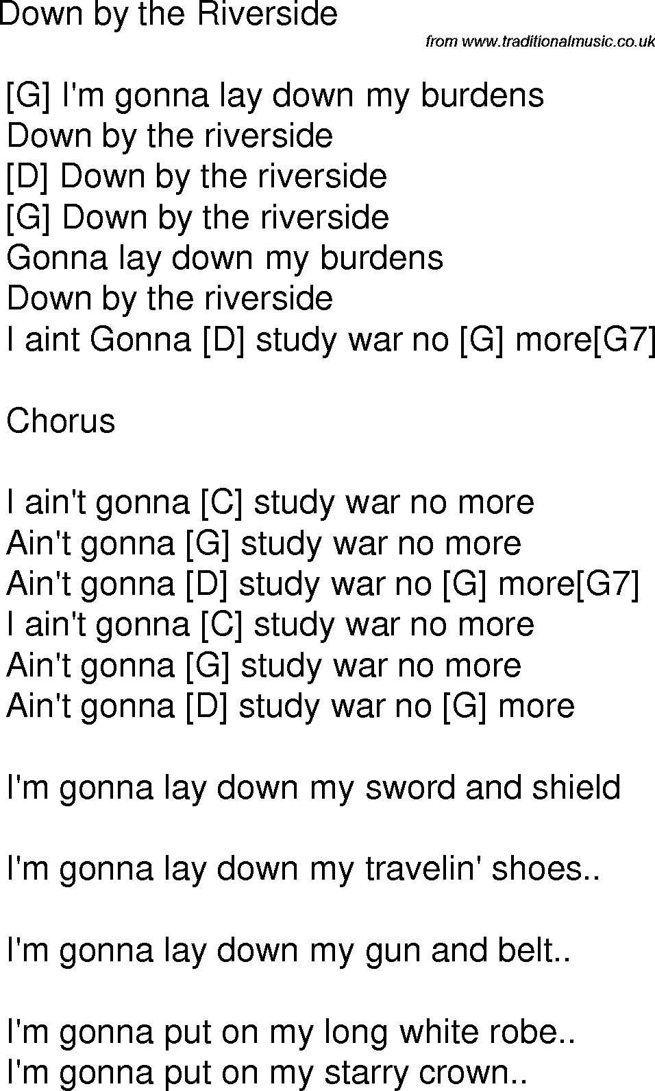 Old time song lyrics with chords for Down By The Riverside C