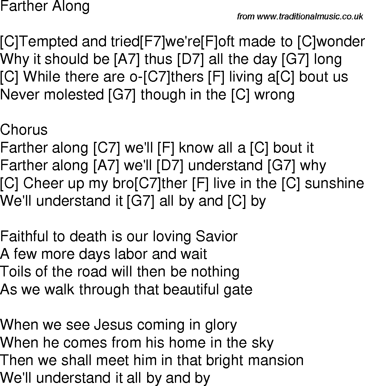 Old time song lyrics with chords for Farther Along C