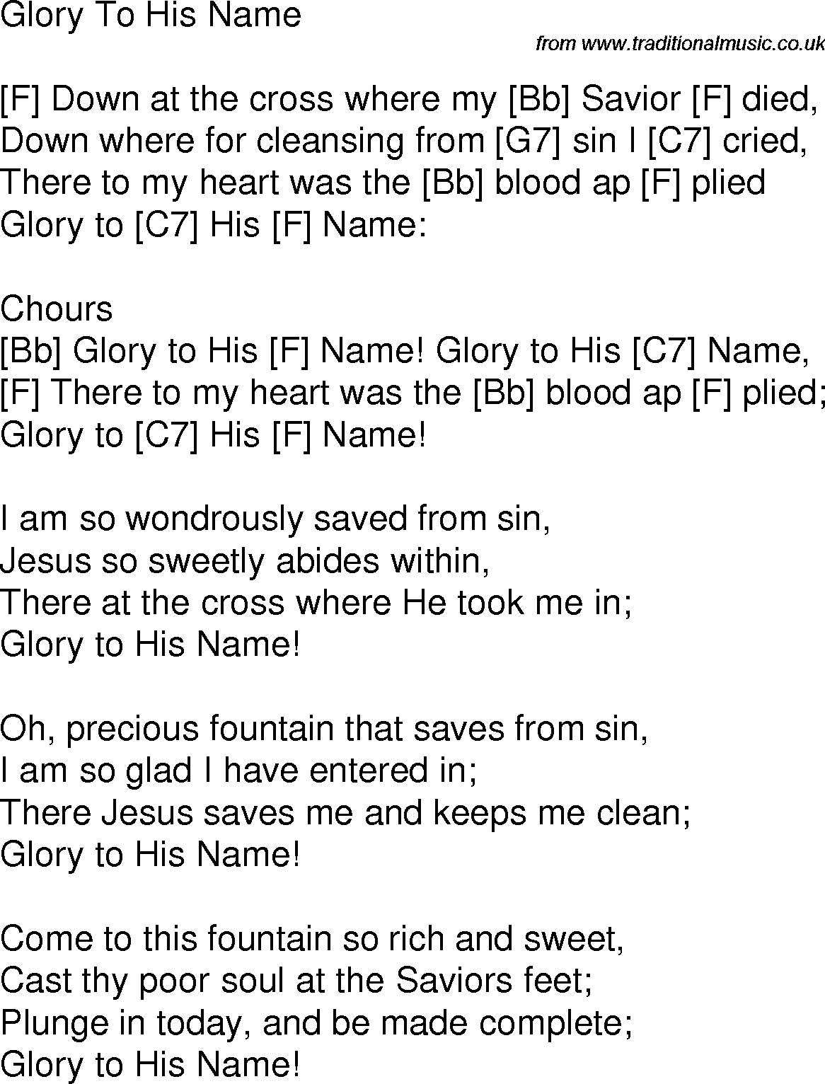 Old time song lyrics with chords for Glory To His Name F