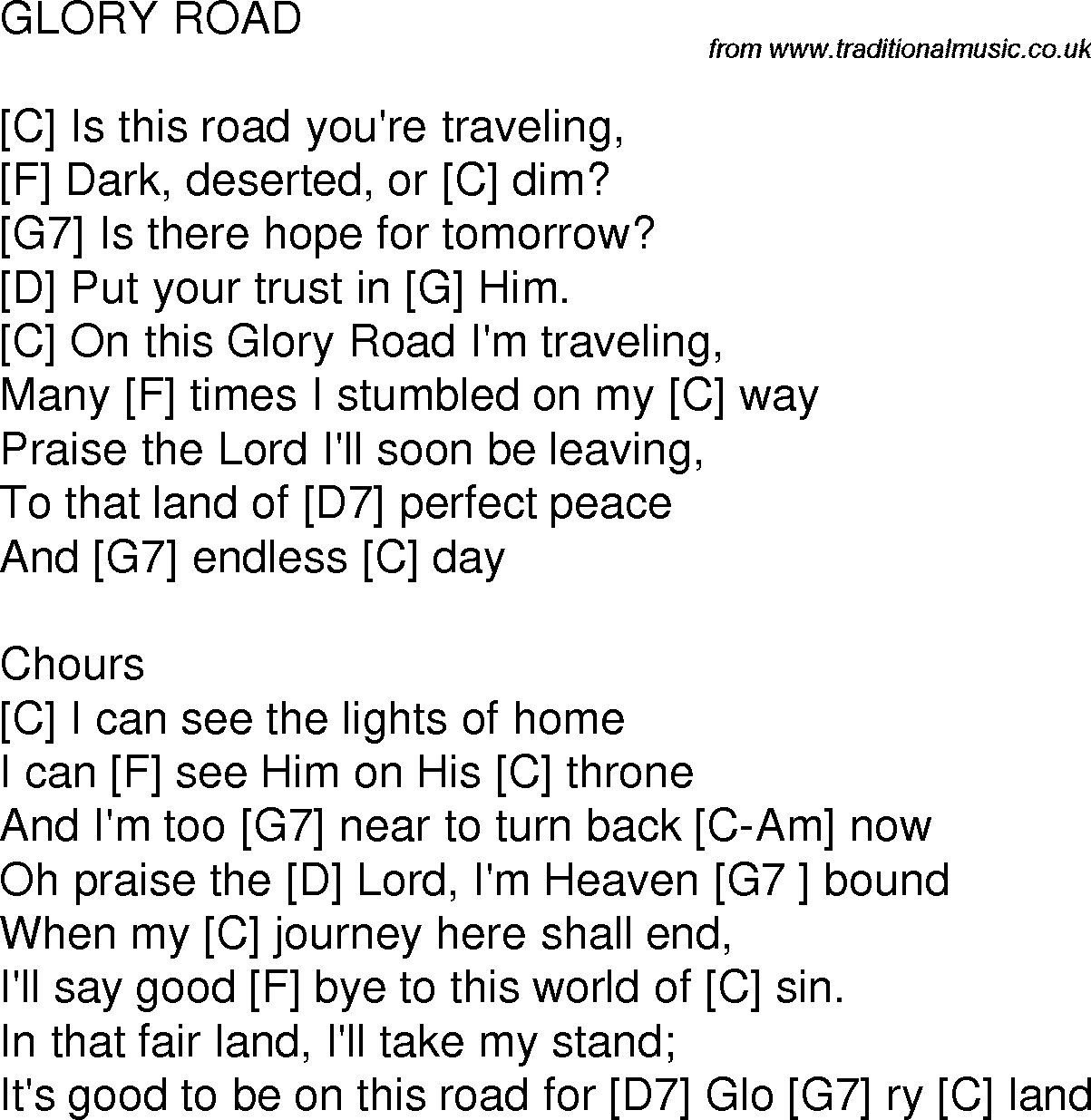 Old time song lyrics with chords for Gloryroad C
