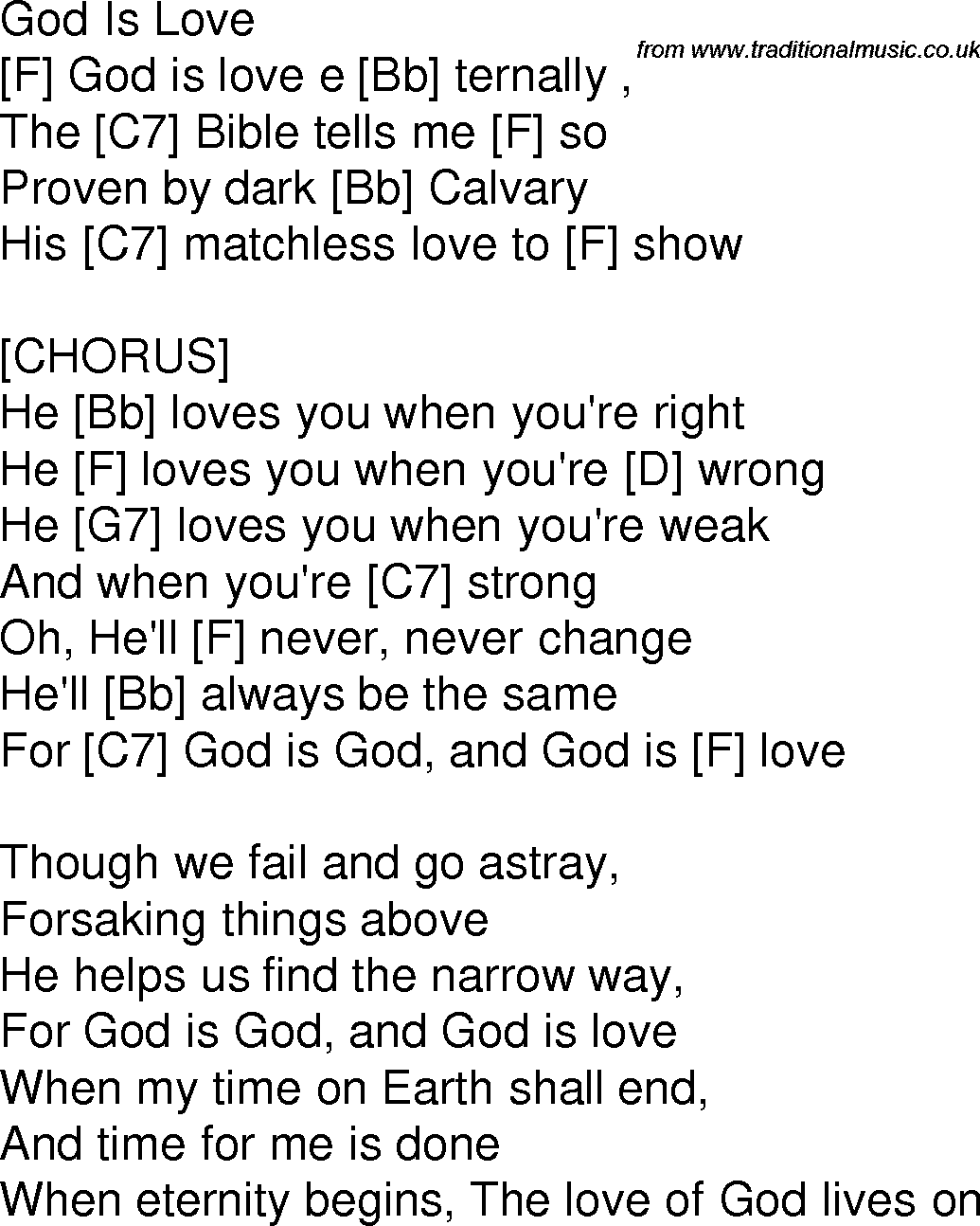 Old time song lyrics with chords for God Is Love F