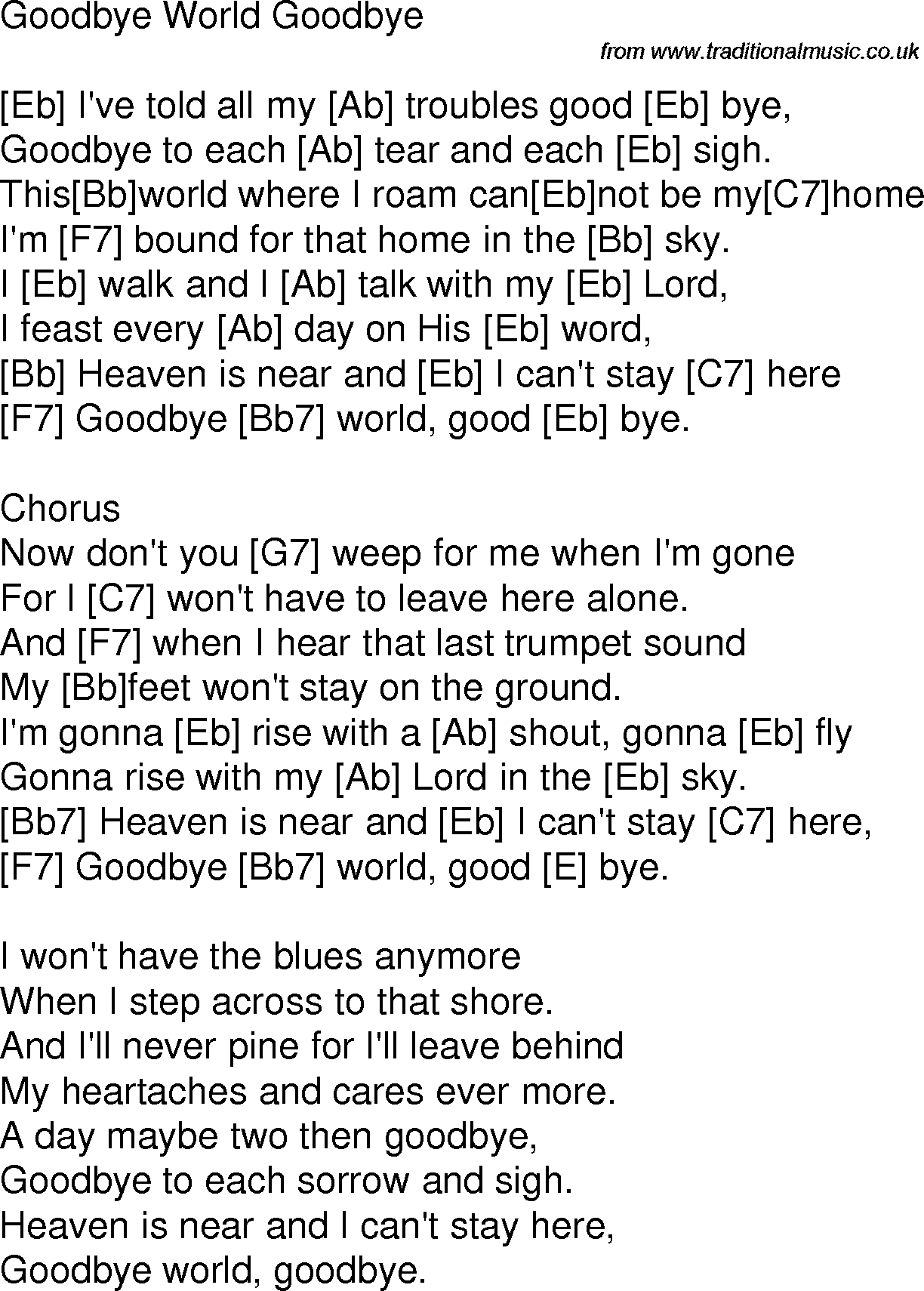 Old time song lyrics with chords for Goodbye World Goodbye Eb