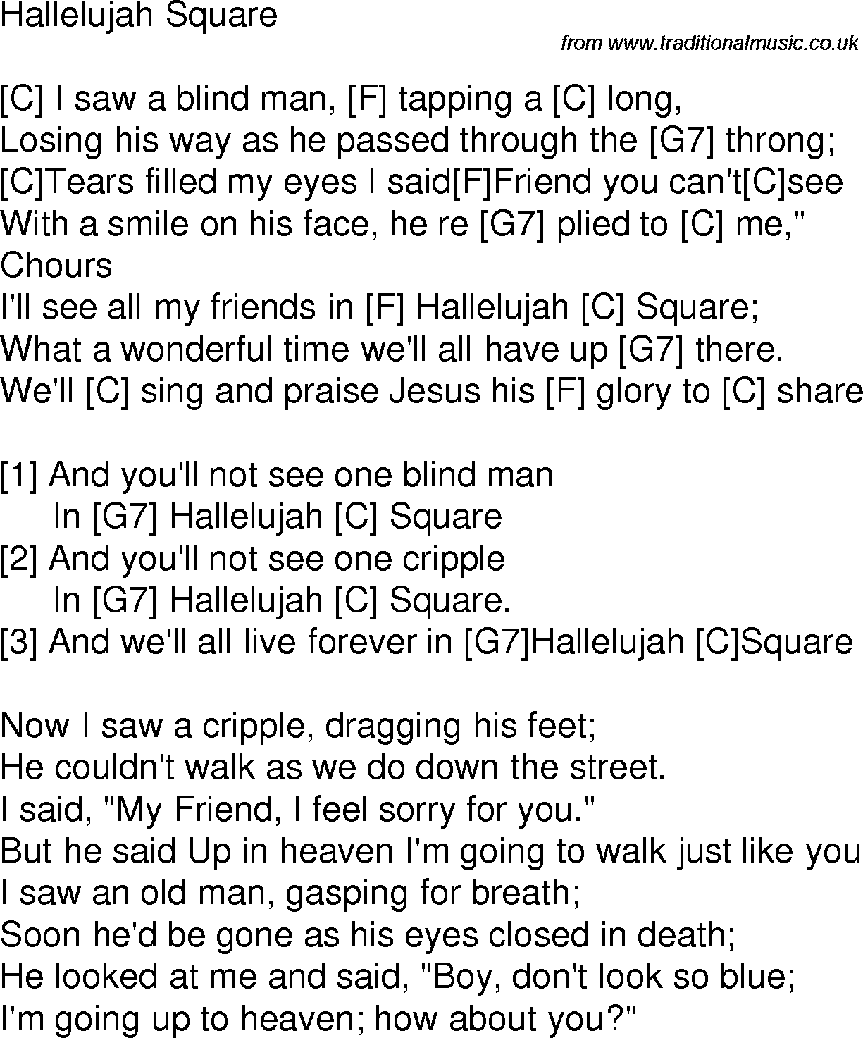 Old time song lyrics with chords for Hallelujah Square C