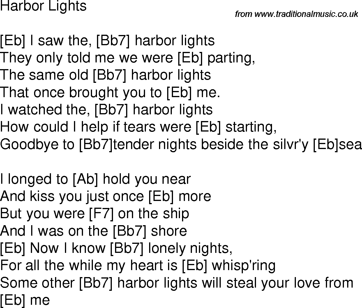 Old time song lyrics with chords for Harbor Lights Eb