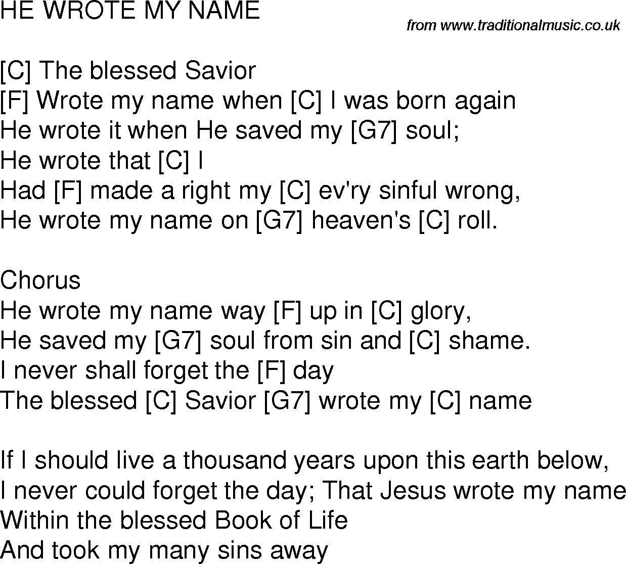 Old time song lyrics with chords for He Wrote My Name C