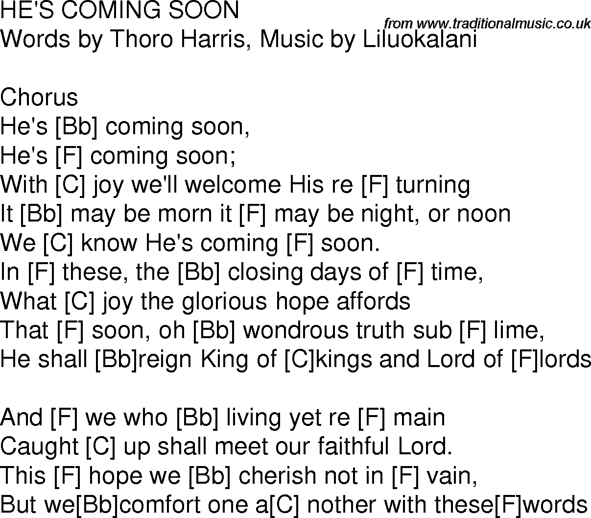 Old time song lyrics with chords for He's Coming Soon F