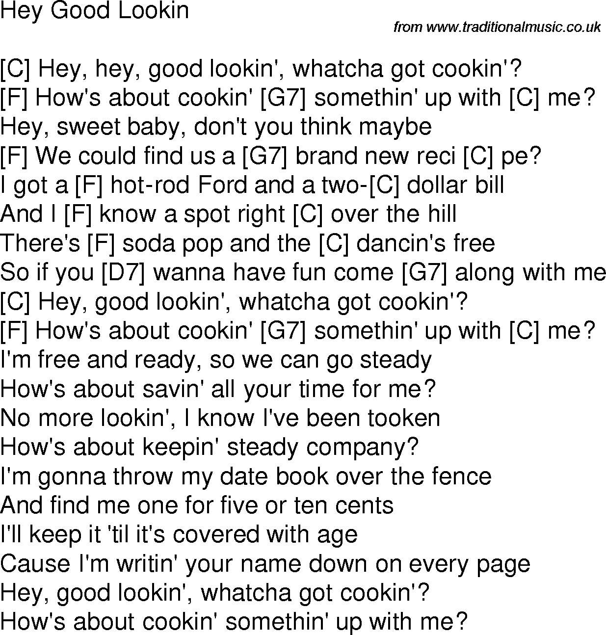 Old time song lyrics with chords for Hey Good Lookin' C