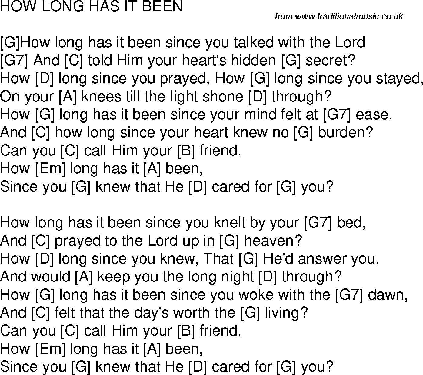 Old time song lyrics with chords for How Long Has It Been C