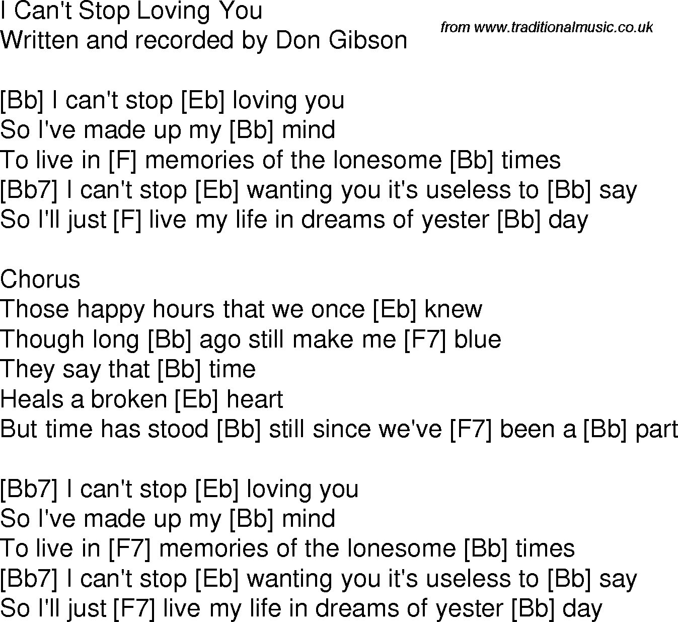Old time song lyrics with chords for I Can't Stop Loving You Bb