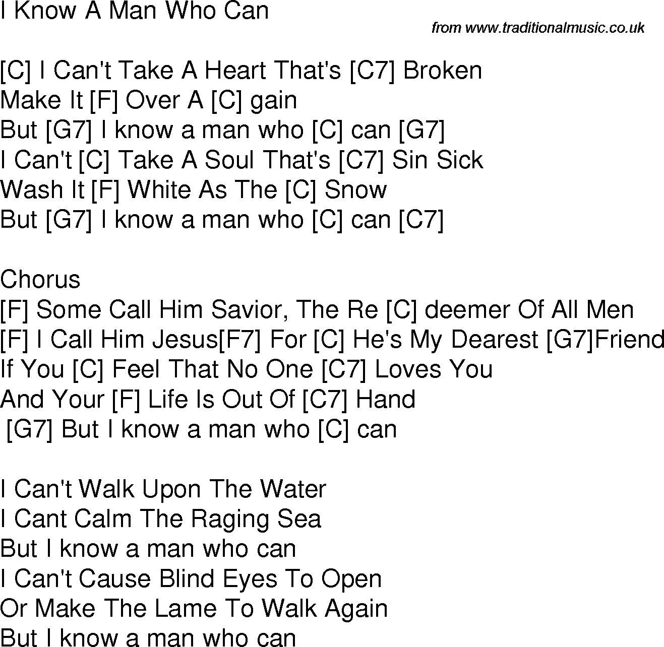Old time song lyrics with chords for I Know A Man Who Can C