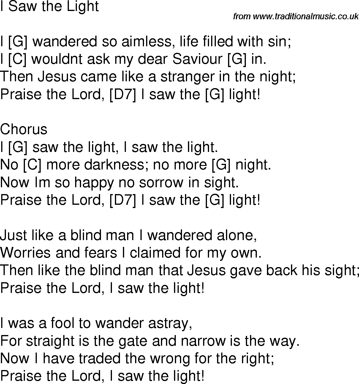 Old time song lyrics with chords for I Saw The Light G