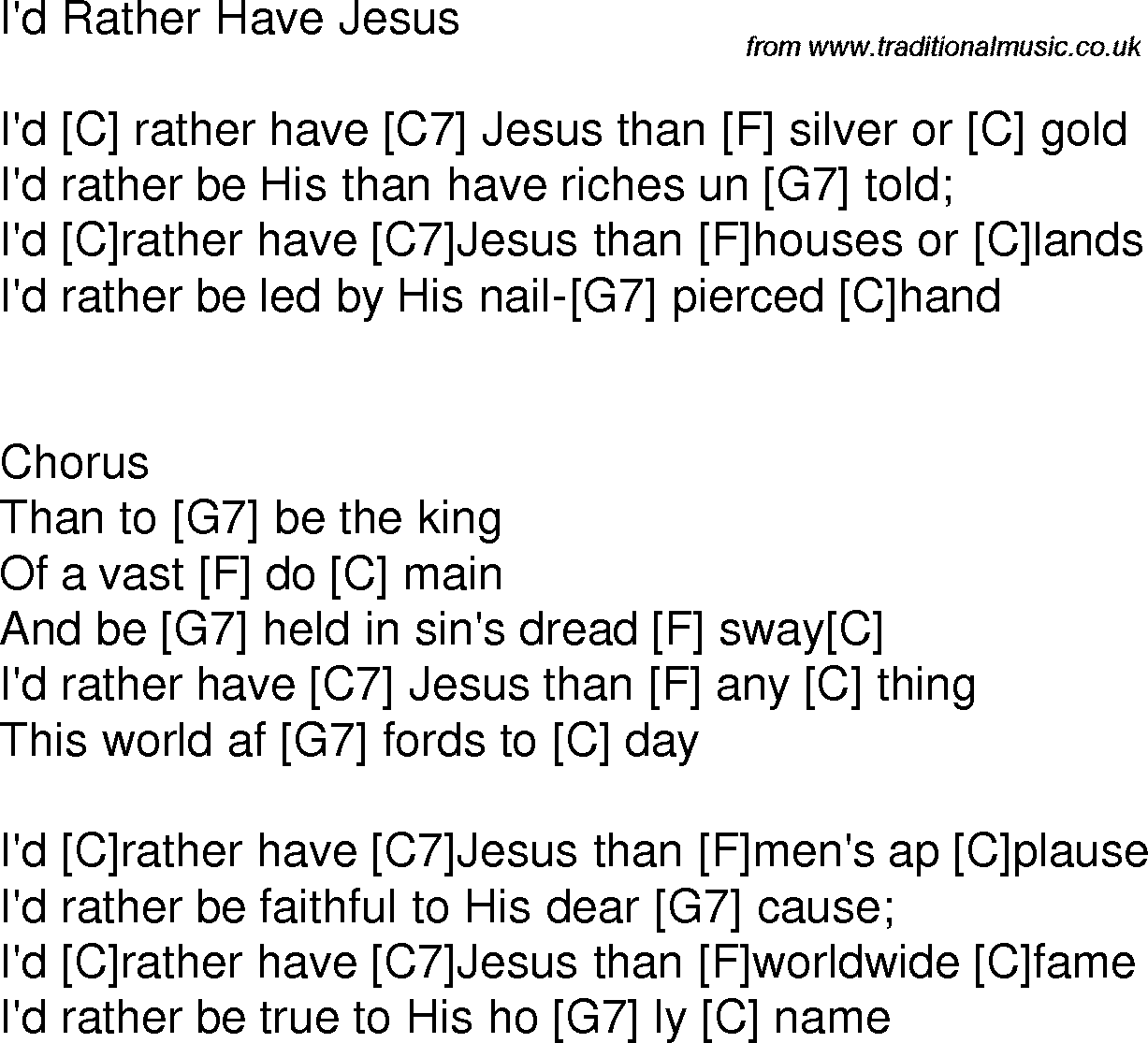 Old time song lyrics with chords for I'd Rather Have Jesus C