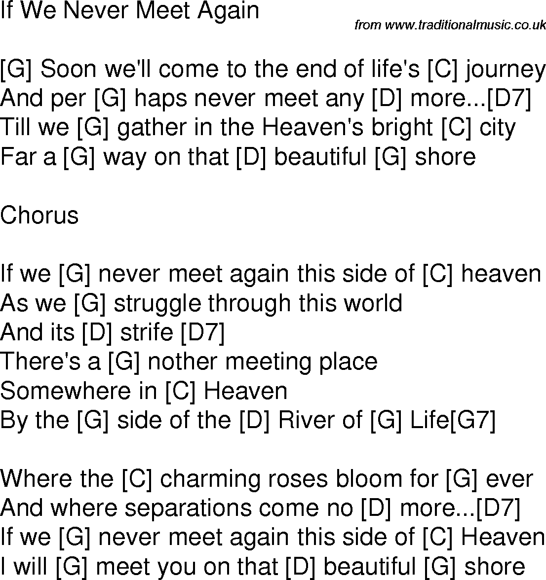 Old time song lyrics with chords for If We Never Meet Again G