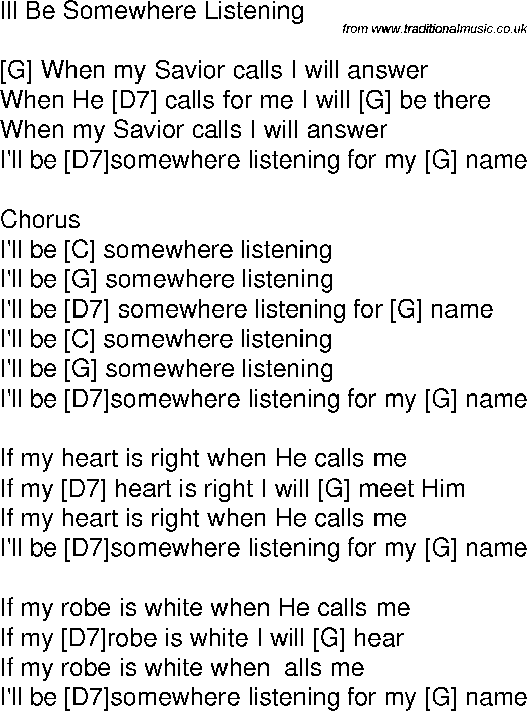 Old time song lyrics with chords for I'll Be Somewhere A Listening G