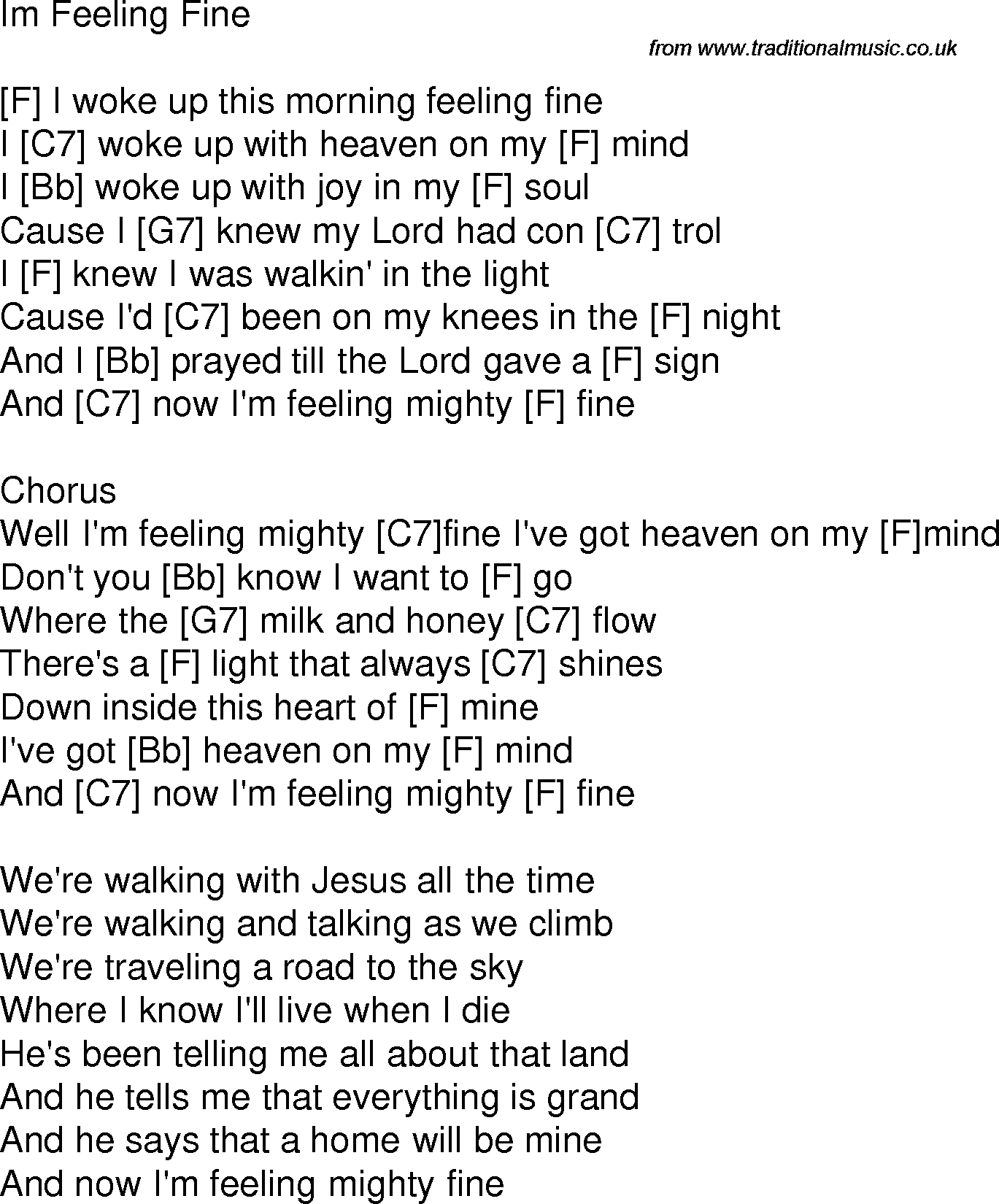 Old time song lyrics with chords for I'm Feeling Fine F