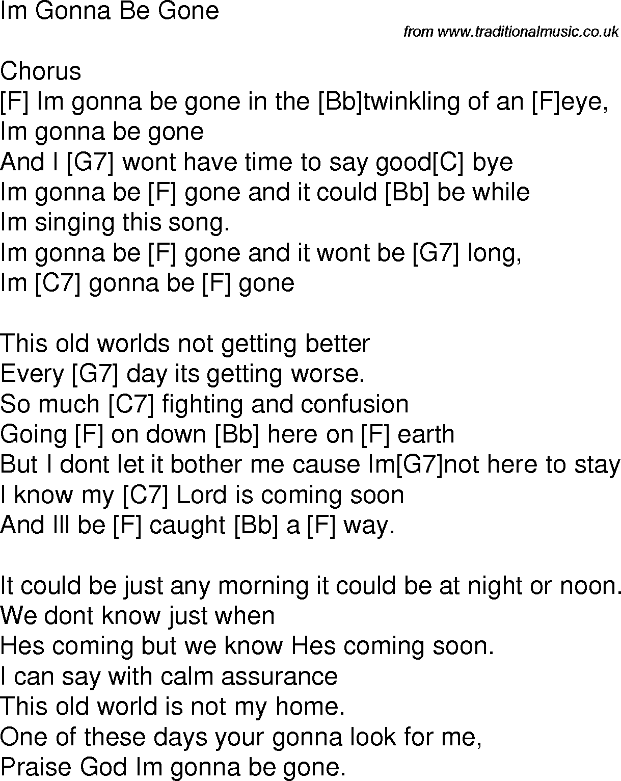 Old time song lyrics with chords for I'm Gonna Be Gone F