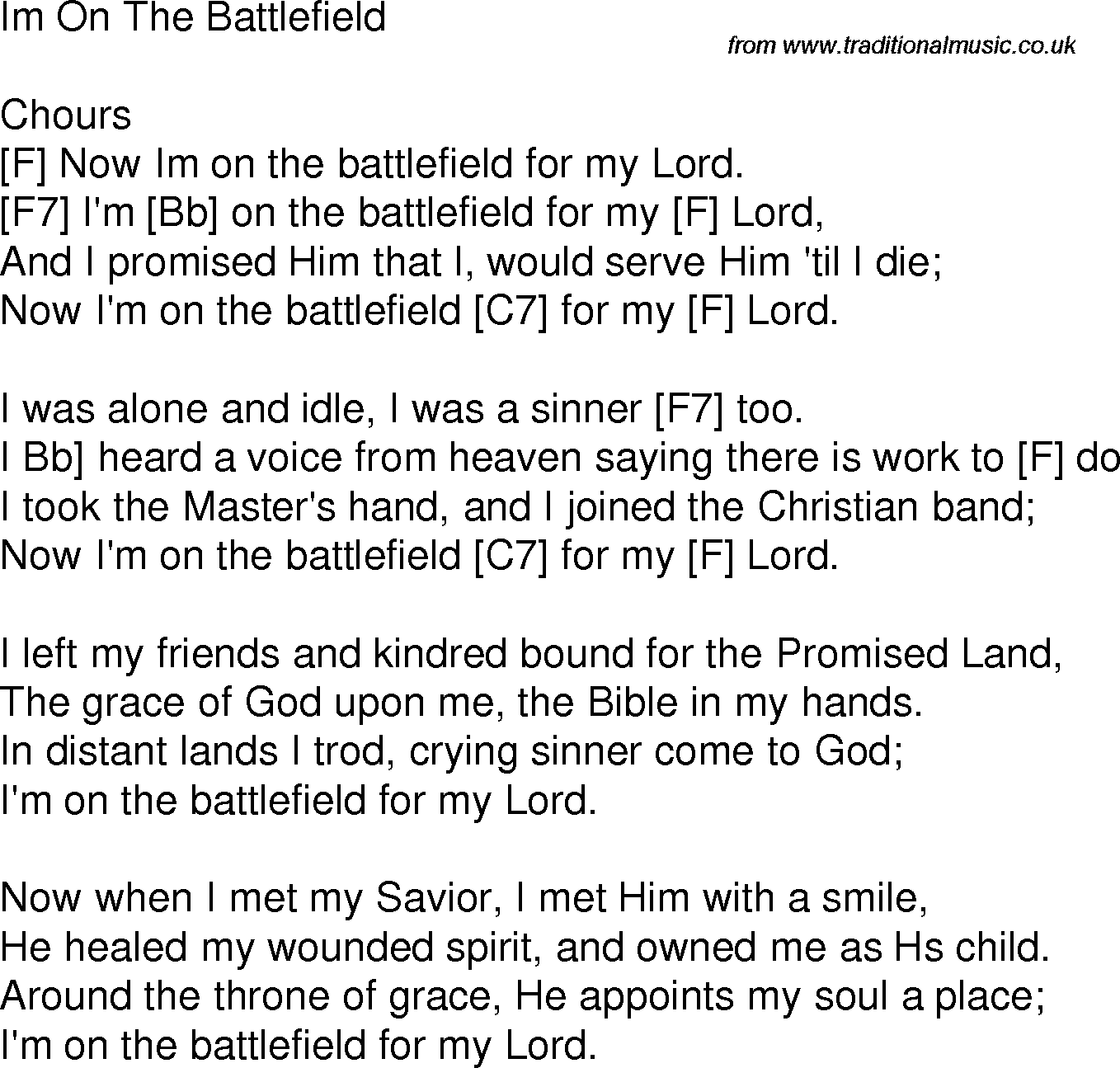Old time song lyrics with chords for I'm On The Battlefield For My Lord F
