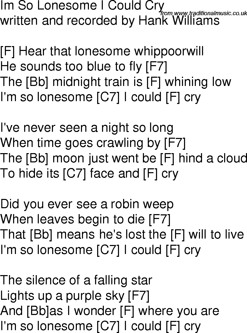 Old time song lyrics with chords for I'm So Lonesome I Could Cry F