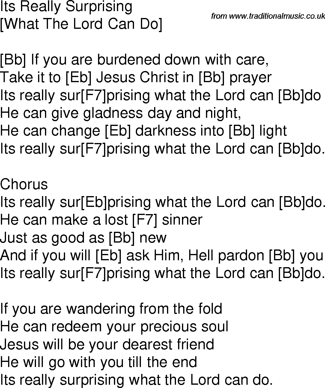 Old time song lyrics with chords for It's Really Surprising What The Lord Can Do Bb