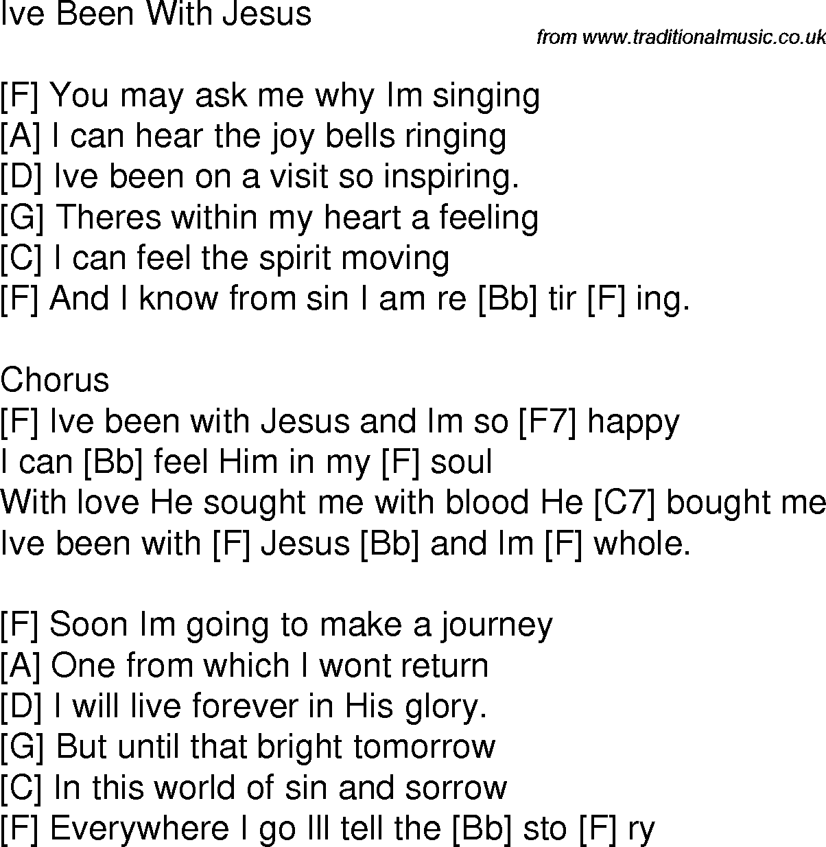 Old time song lyrics with chords for I've Been With Jesus F