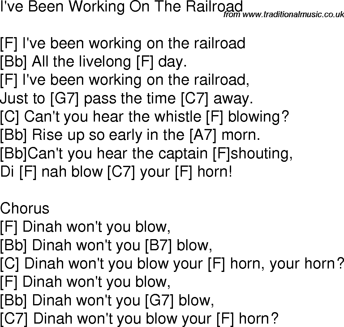 Old time song lyrics with chords for I've Been Working On The Railroad F