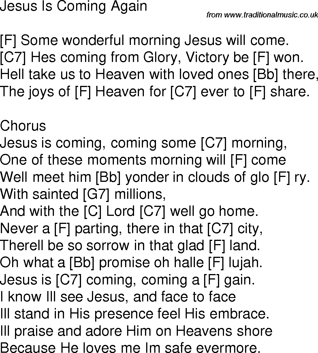 Old time song lyrics with chords for Jesus Is Coming Again F