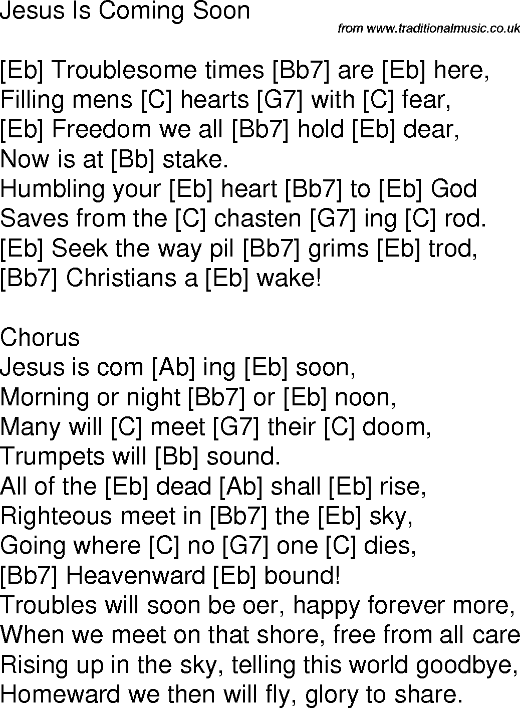 Old time song lyrics with chords for Jesus Is Coming Soon