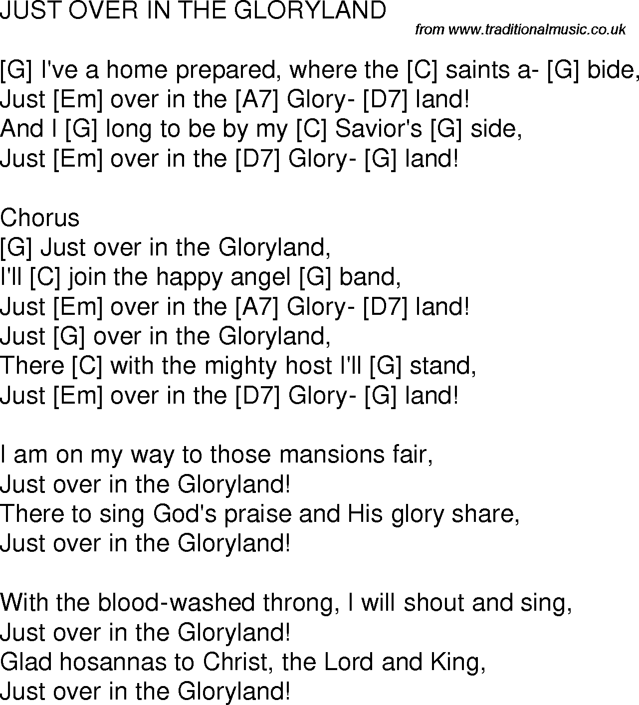 Old time song lyrics with chords for Just Over In The Glory Land G