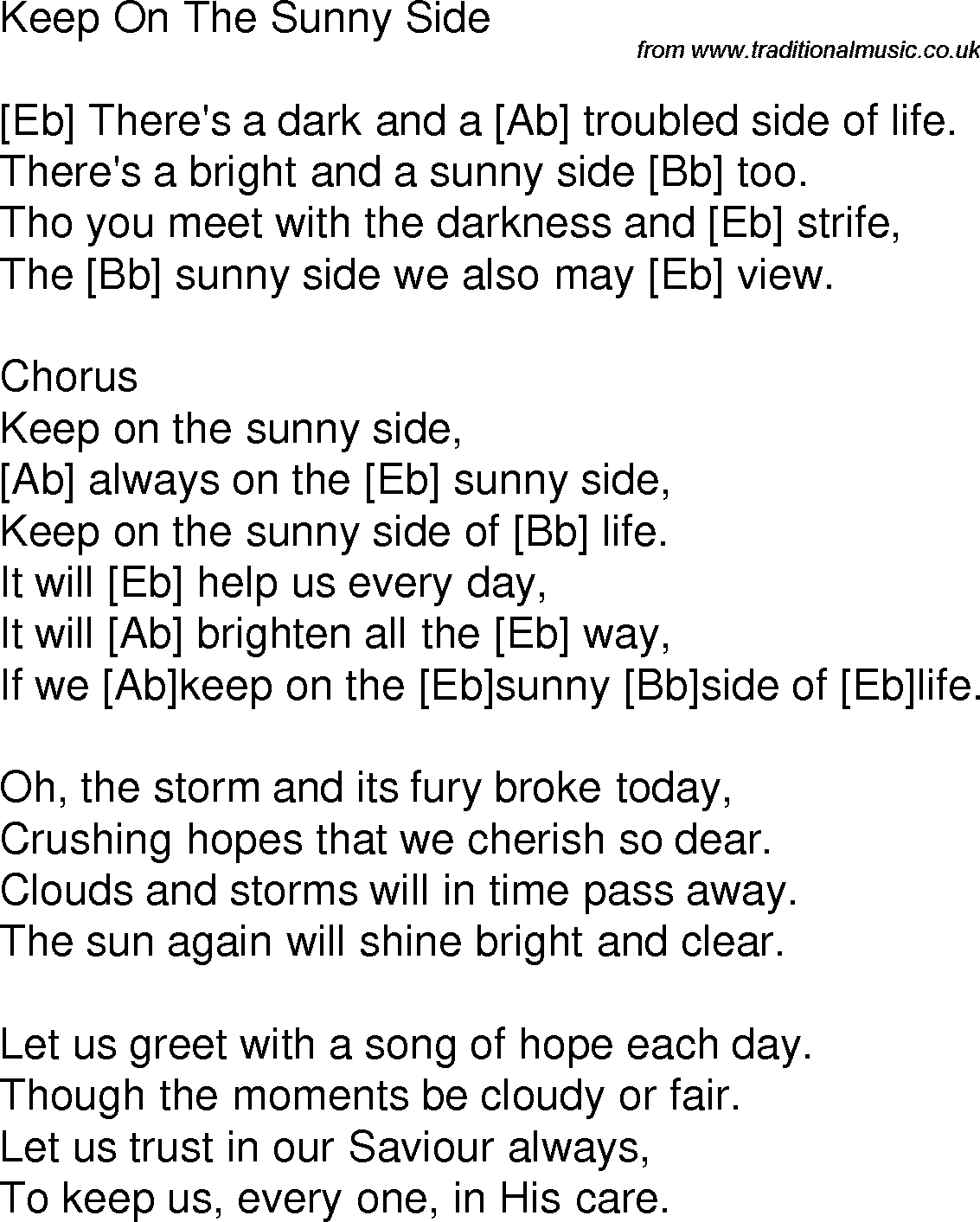 Old time song lyrics with chords for Keep On The Sunny Side Eb