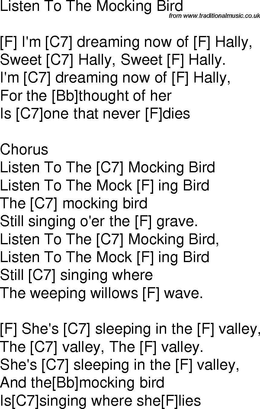 Old time song lyrics with chords for Listen To The Mocking Bird C