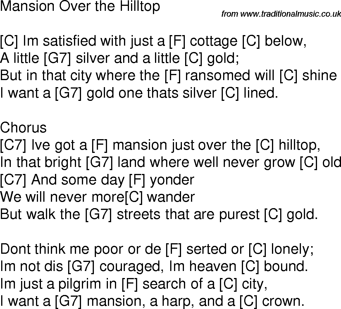 Old time song lyrics with chords for Mansion Over The Hilltop C