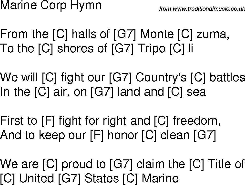 Old time song lyrics with chords for Marine Corp Hymn C