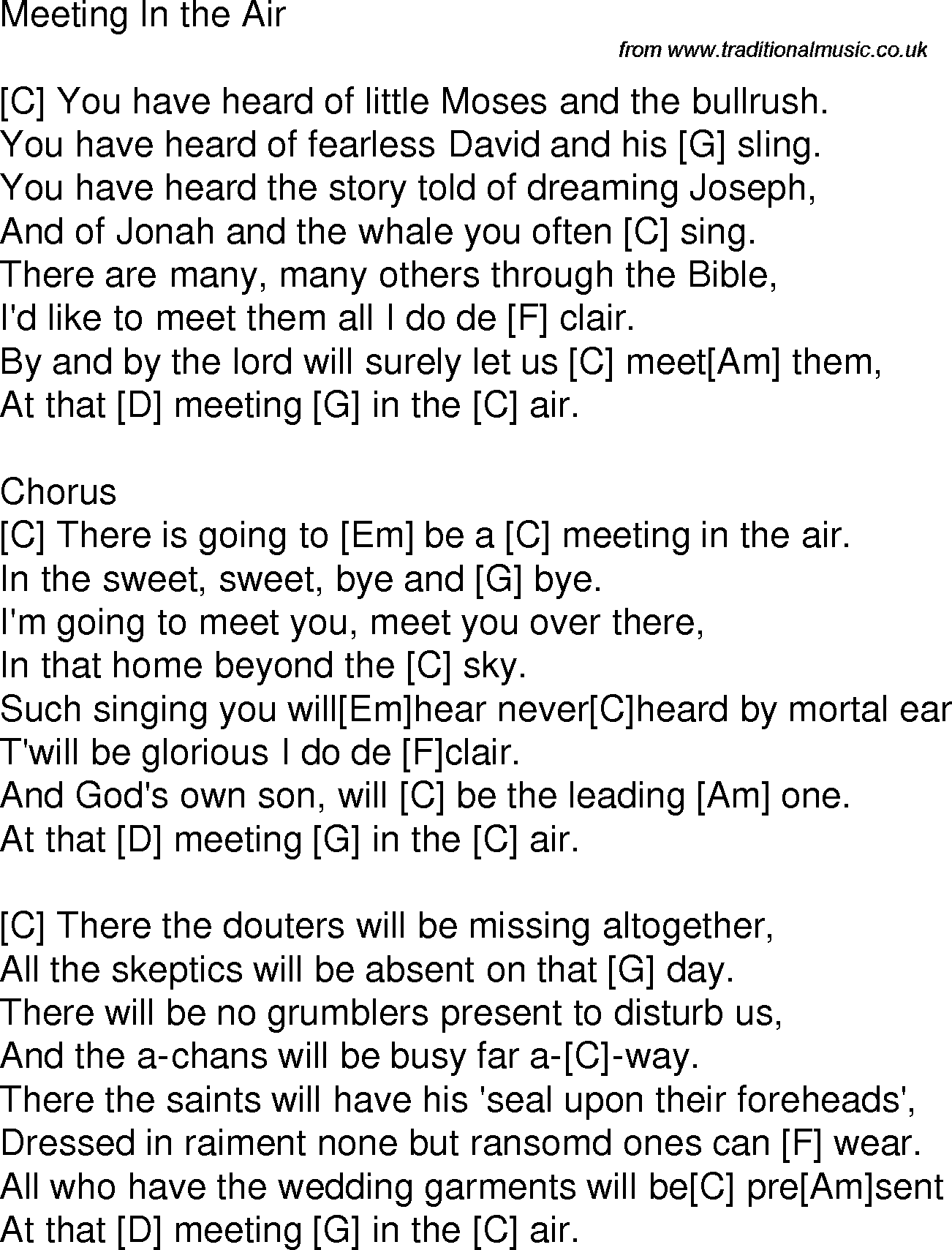 Old time song lyrics with chords for Meeting In The Air C