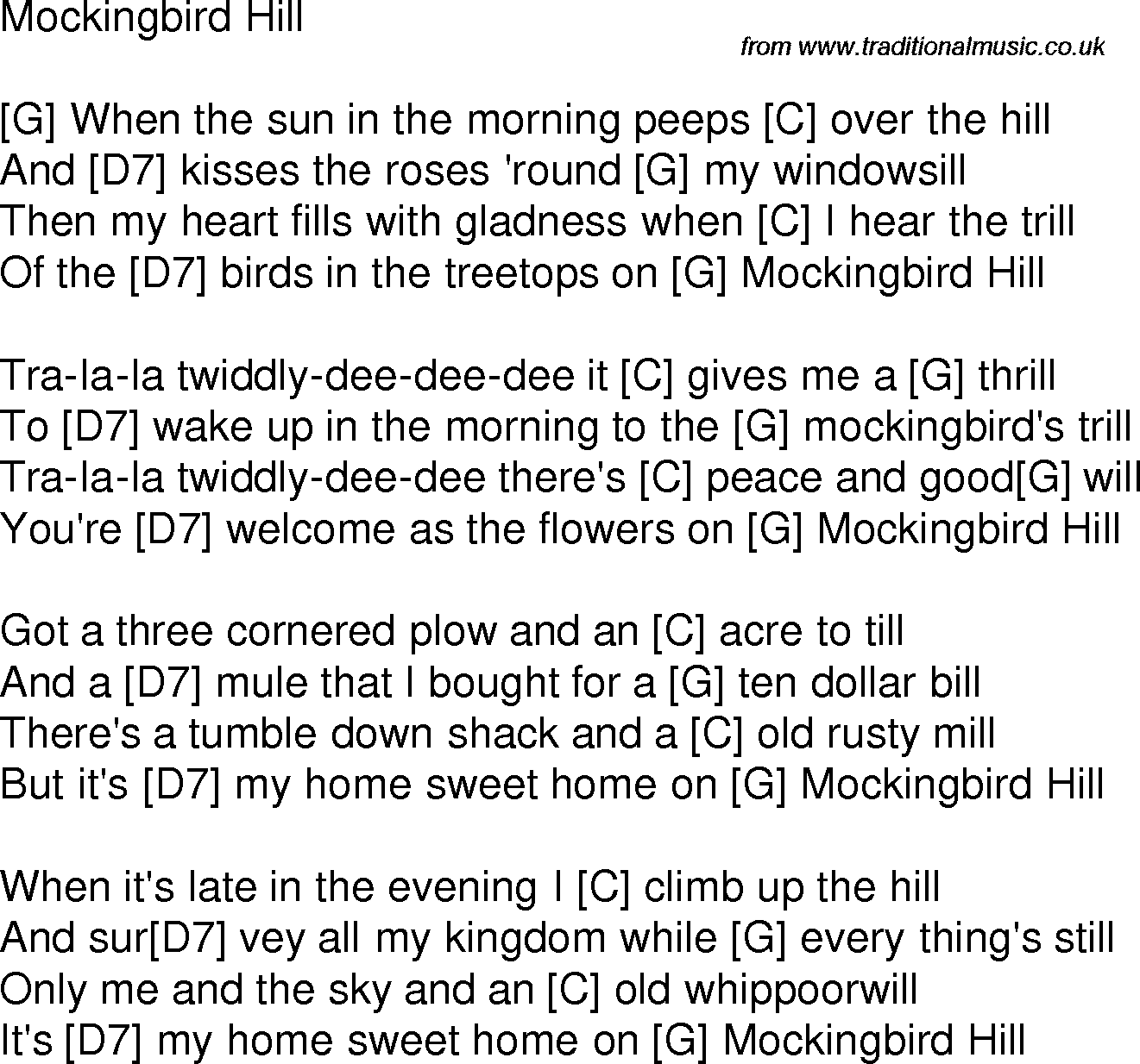 Old time song lyrics with chords for Mockingbird Hill G