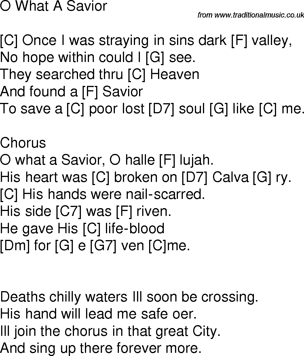 Old time song lyrics with chords for O What A Savior C