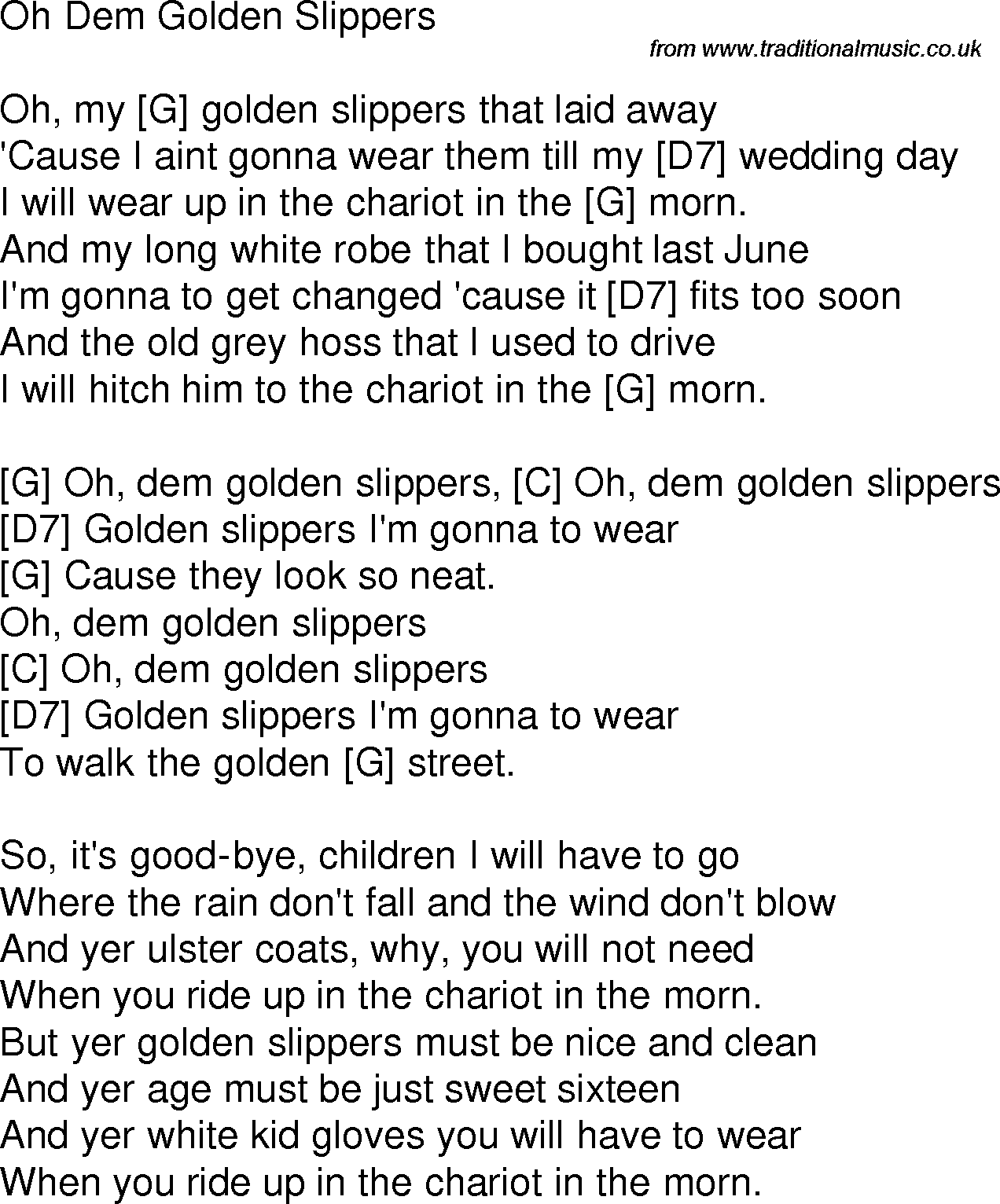 Old time song lyrics with chords for Oh Dem Golden Slippers G