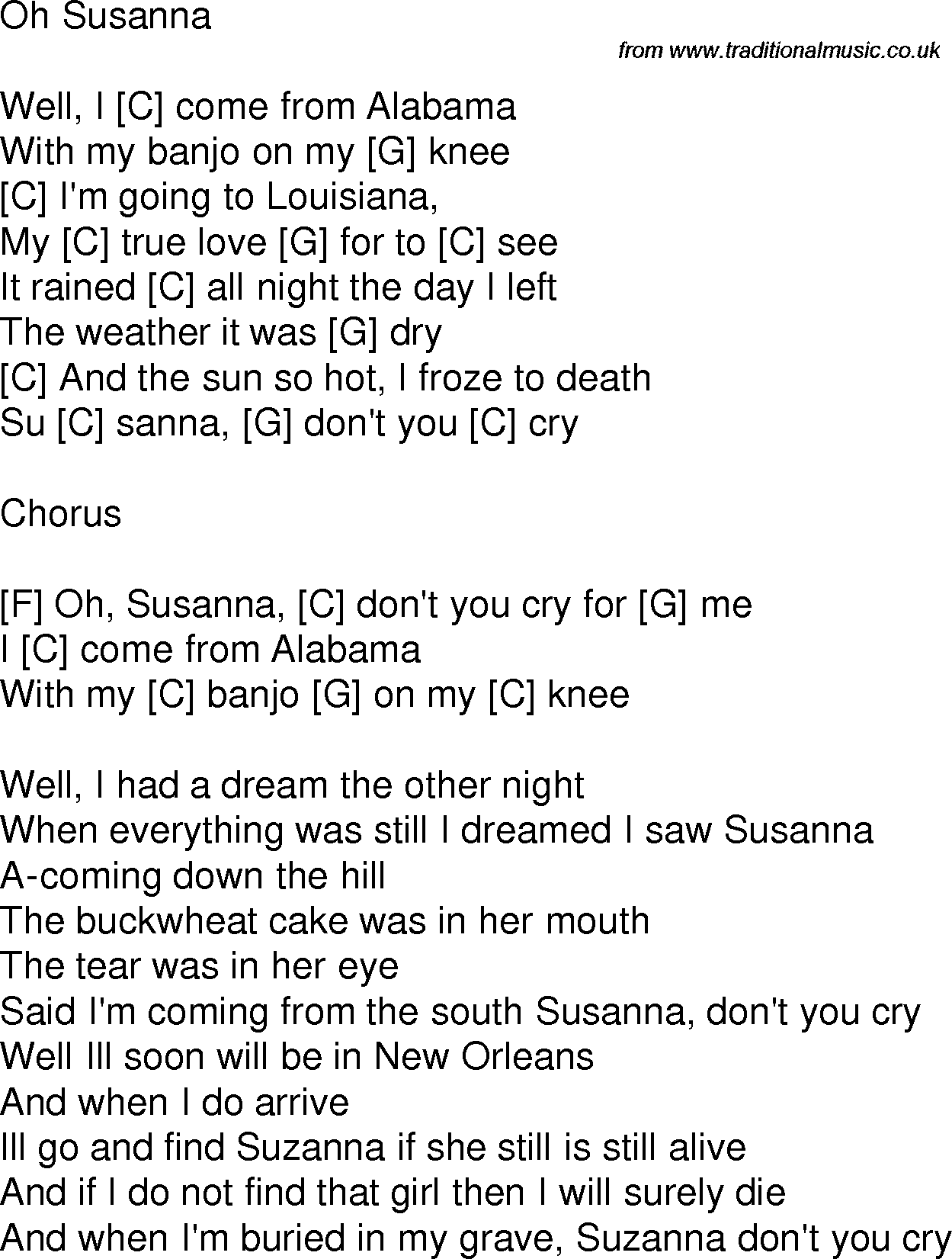 Old time song lyrics with chords for Oh Susanna C