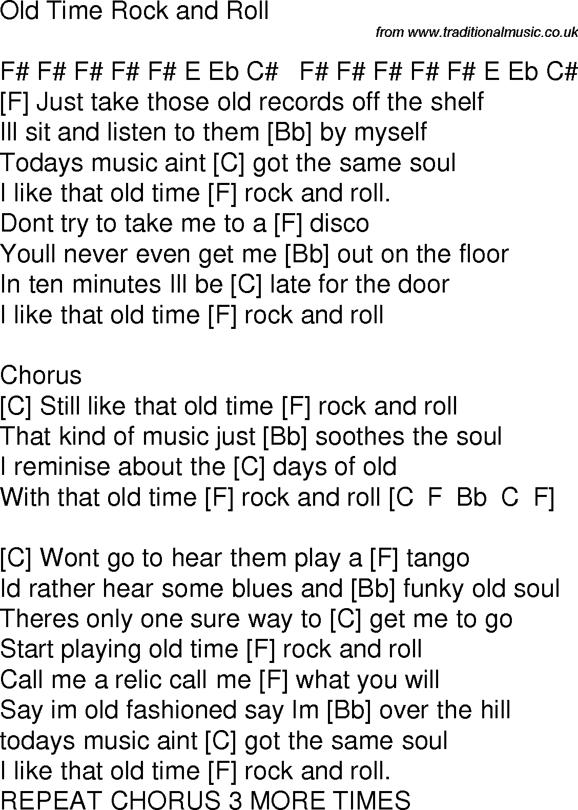 Old time song lyrics with chords for Old Time Rock And Roll F