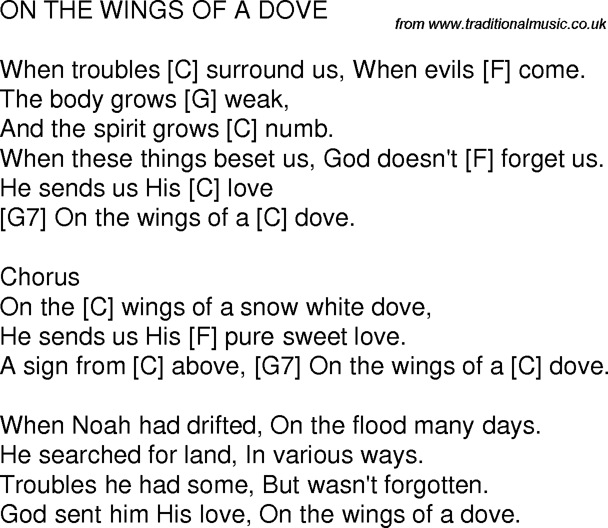 Old time song lyrics with chords for On The Wings Of A Dove C