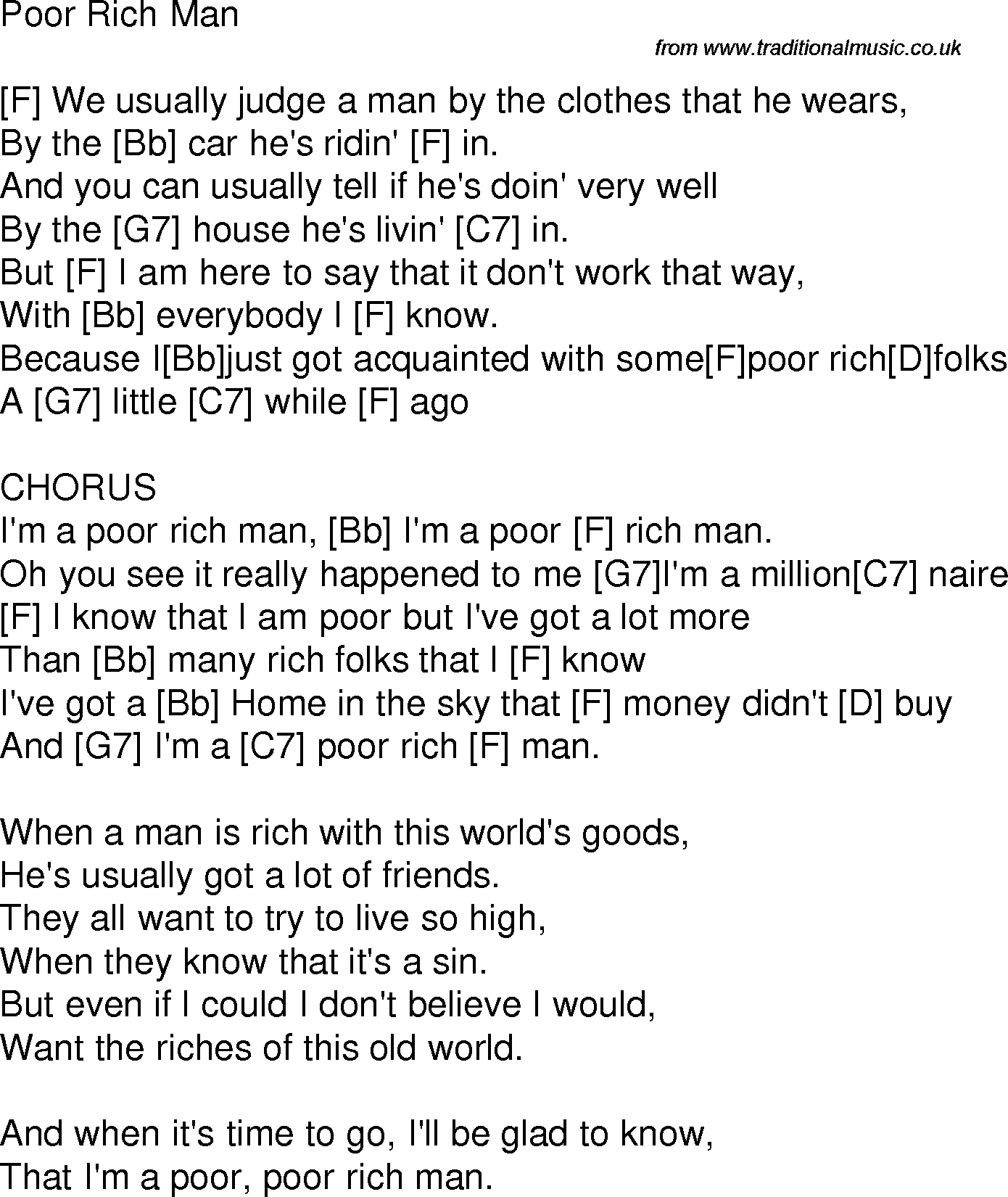 Old time song lyrics with chords for Poor Rich Man F