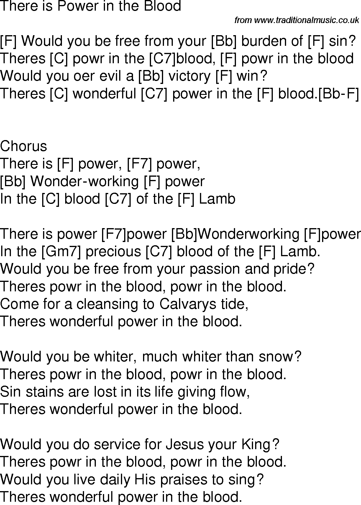 Old time song lyrics with chords for Power In The Blood F